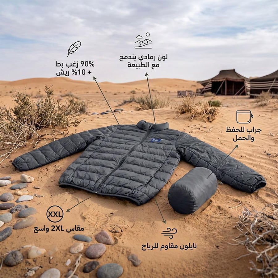 جاكيت رجالي مبطن بريش البط نايلون رمادي مقاس 2XL مع جراب للبر