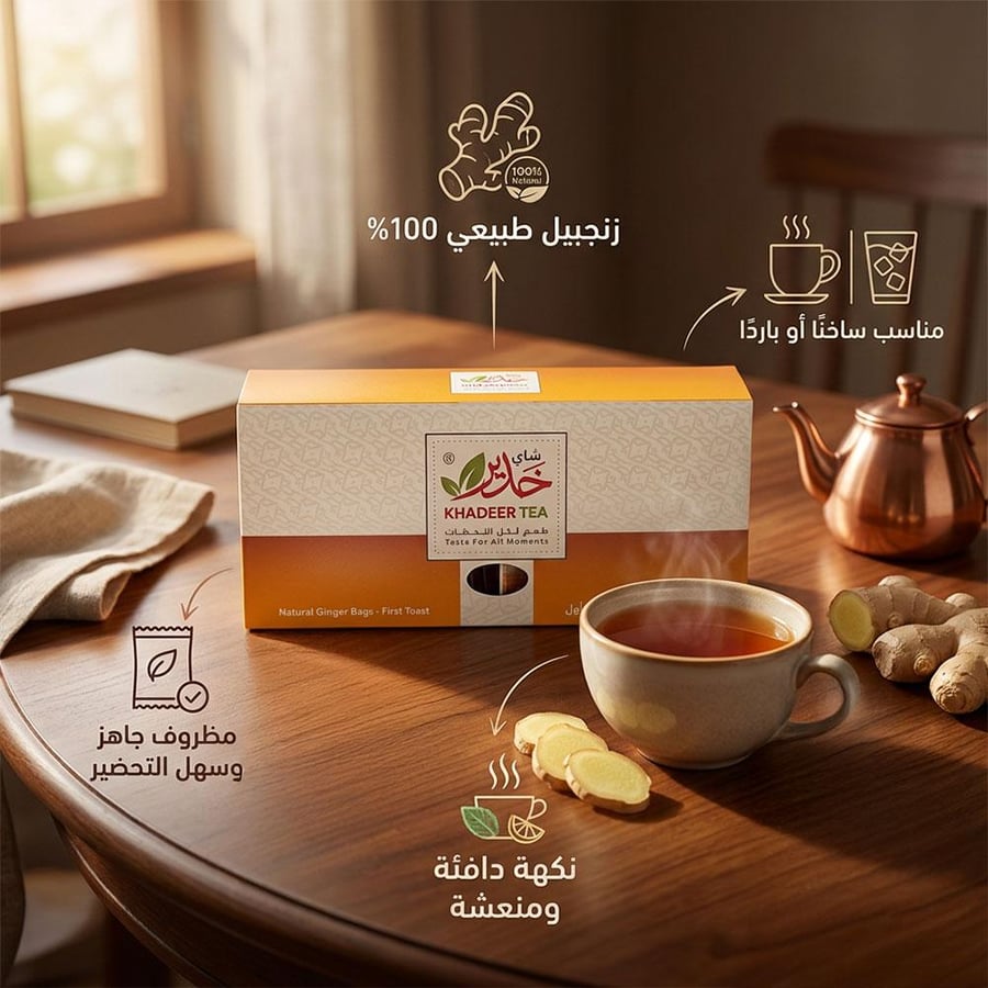 علبة زنجبيل خدير طبيعي مع كوب شاي إبريق نحاسي وأكياس مظروفة تظهر على