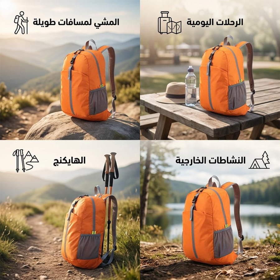 حقيبة ظهر برتقالية مناسبة للمشي الطويل والهايكنج تتميز بتصميم قابل