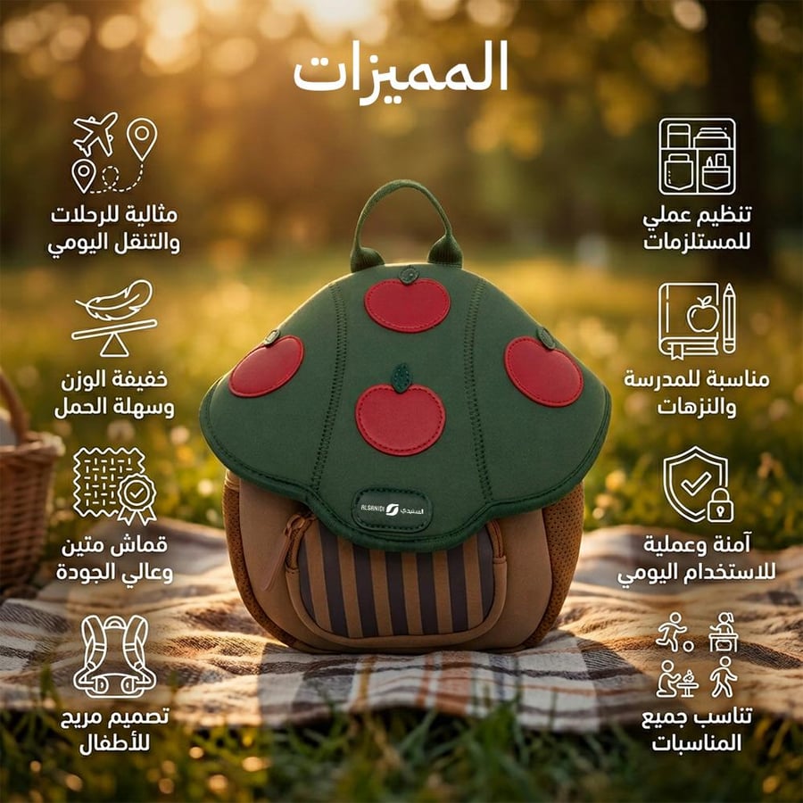 حقيبة أطفال بتصميم أوراق الشجر مع نقاط حمراء تناسب الرحلات والنزهات
