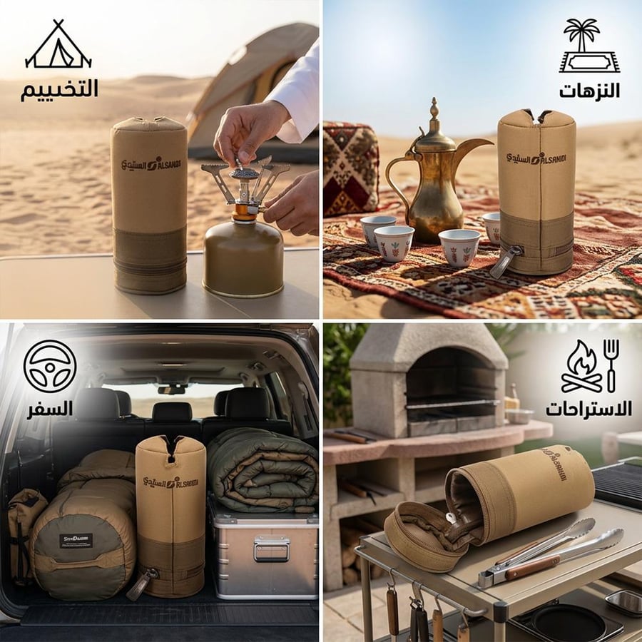 جراب سنيدي صغير لأسطوانة الغاز في أنشطة متنوعة يوضح استخدامه في
