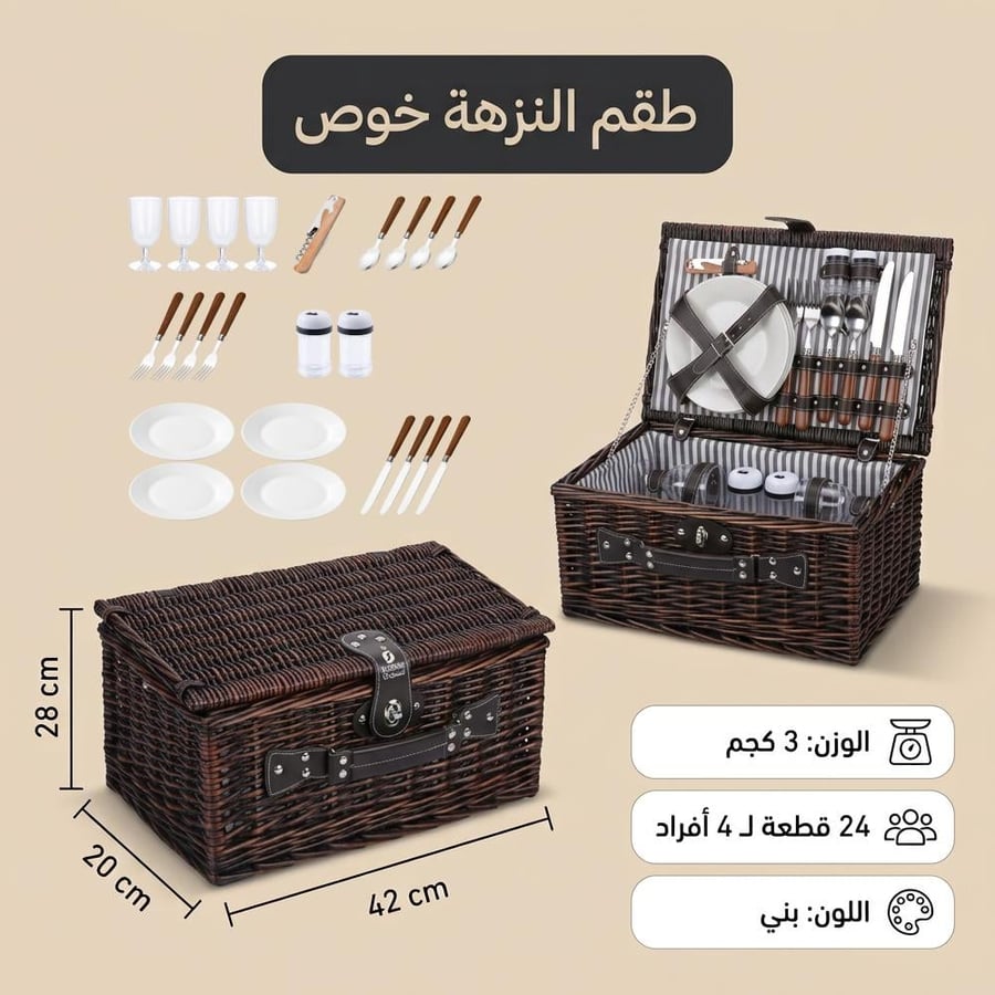 طقم النزهة خوص 24 قطعة، توفر جميع أدوات الطعام الأساسية،ضمان سنتان