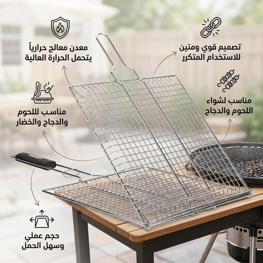 شبك شوي من المعدن المعالج حراري ا بمقبض ربل يعرض تصميم متين يناسب