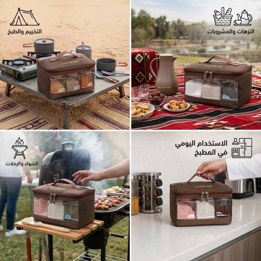 طقم علب بهارات للرحلات بحقيبة قماش كوفي الحجم مثالي للشوي والتخييم