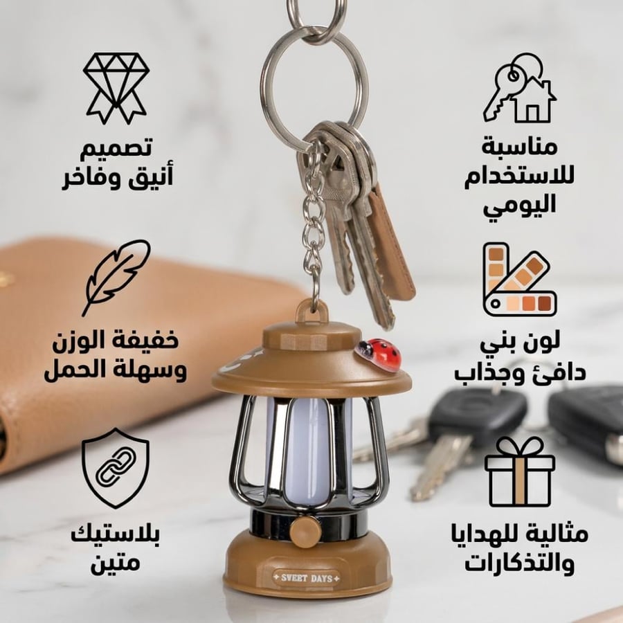 ميدالية مفتاح بشكل فانوس بني بمقاس صغير بجوار مفاتيح وتفاصيل منتجات