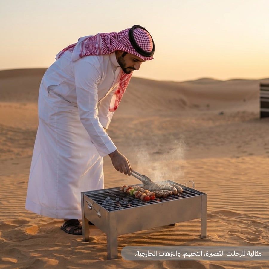 رجل يرتدي الزي الخليجي يشوي على شواية فحم متنقلة في الصحراء أثناء