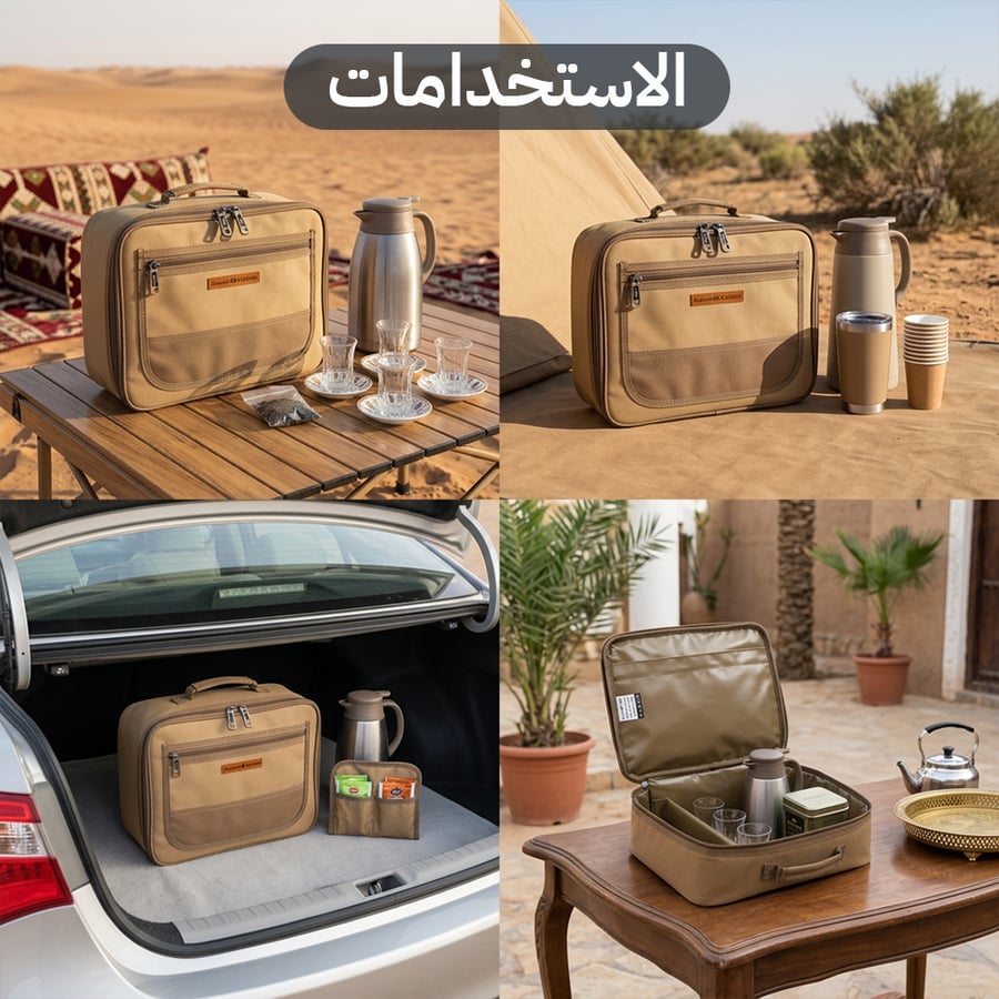 شنطة شاي للرحلات كاكي 33.5 × 11 × 24 سم تحفظ عدة الشاي مرتبة