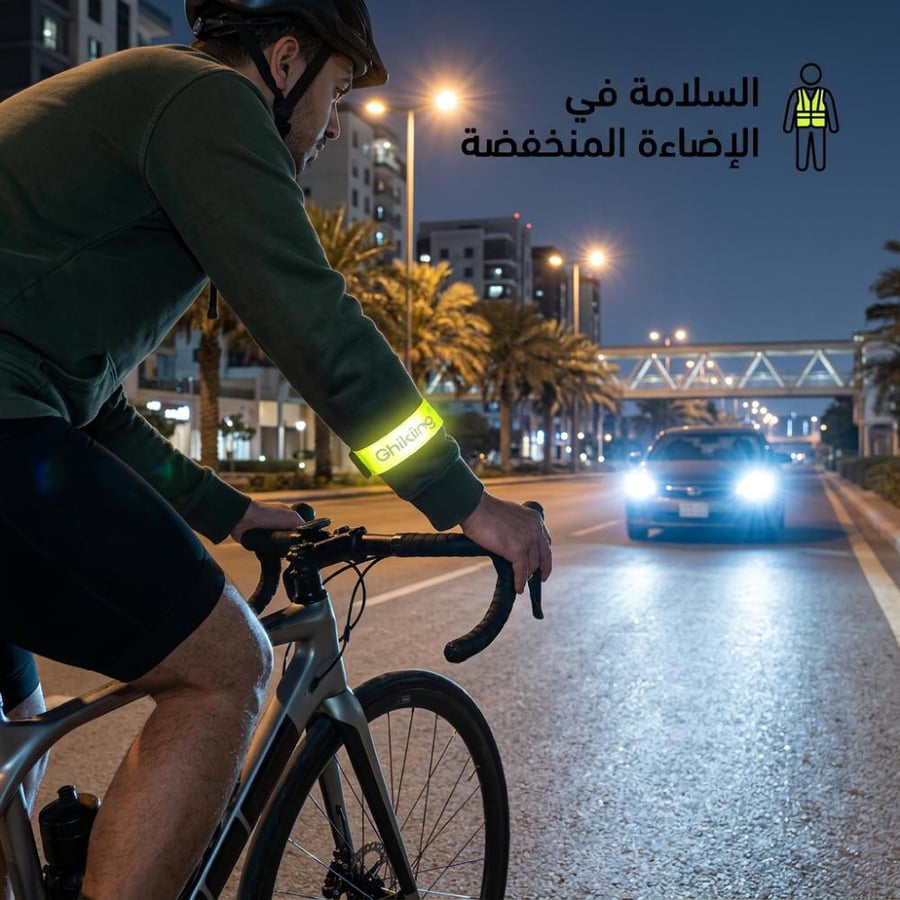 راكب دراجة يرتدي حزام ا عاكس ا أخضر لزيادة الأمان عند قيادة الدراجة