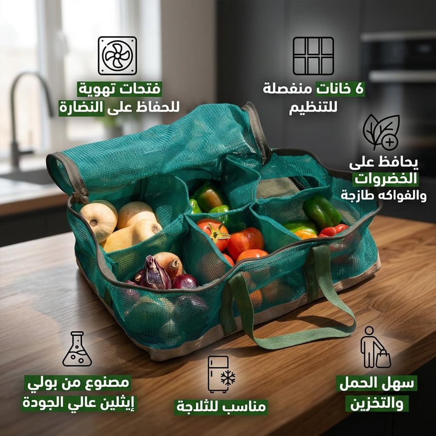 شنطة حفظ خضروات مقسمة 6 خانات مع فتحات تهوية للحفاظ على النضارة