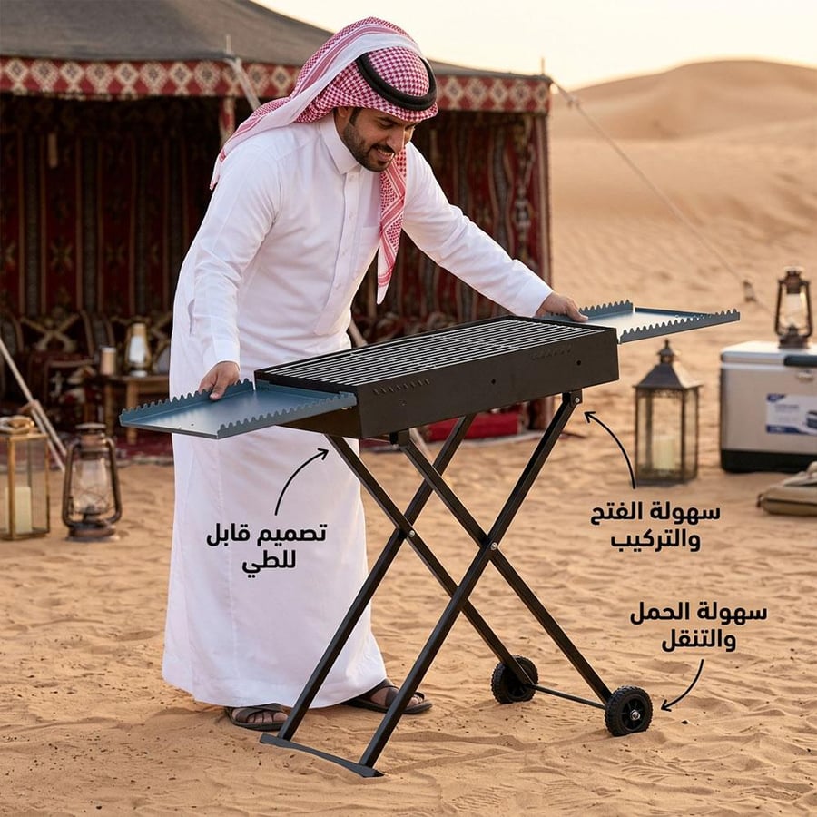 شخص يظهر وهو يقف في الصحراء يفتح شواية فحم قابلة للطي من السنيدي