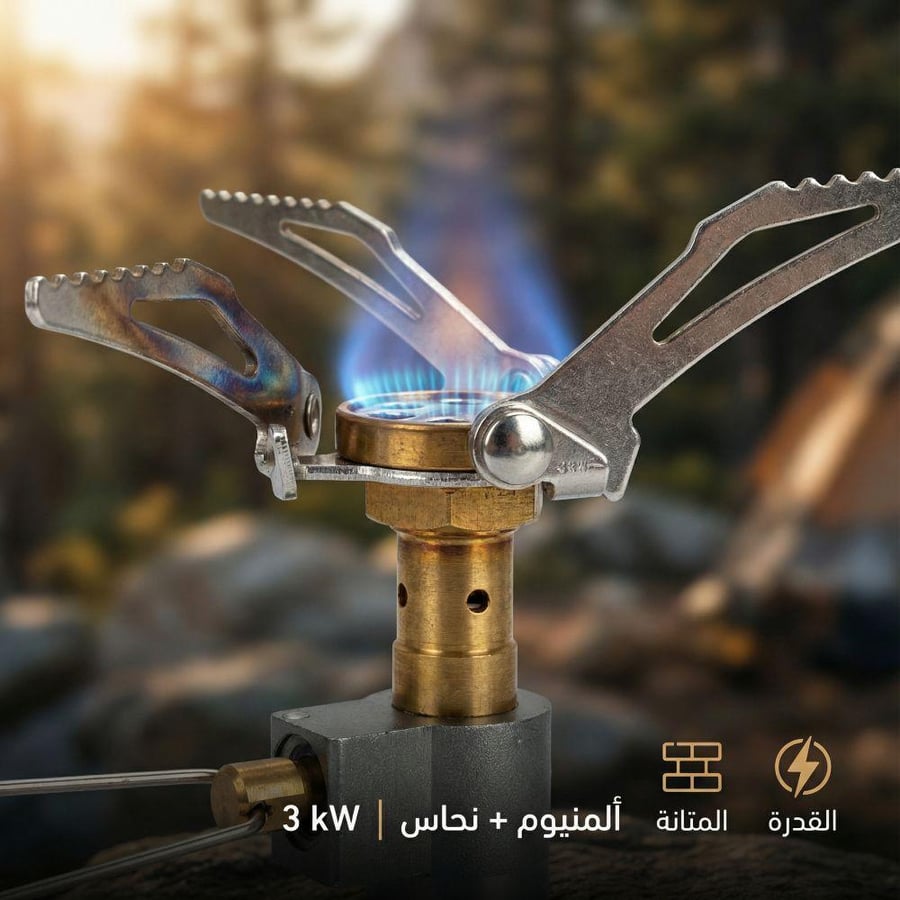 موقد غاز محمول صغير مصنوع من الألمنيوم والنحاس بقدرة 3 كيلو واط يظهر