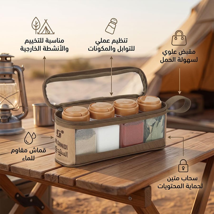 طقم بهارات رحلات من السنيدي بـ4 علب في حقيبة قماش كاكي مقاومة للماء