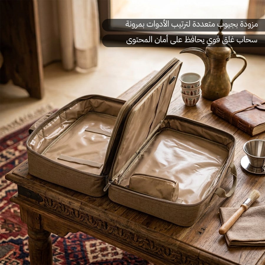 شنطة شاي وقهوة الوسام من السنيدي مفتوحة بألوان خشبية وجيوب متعددة