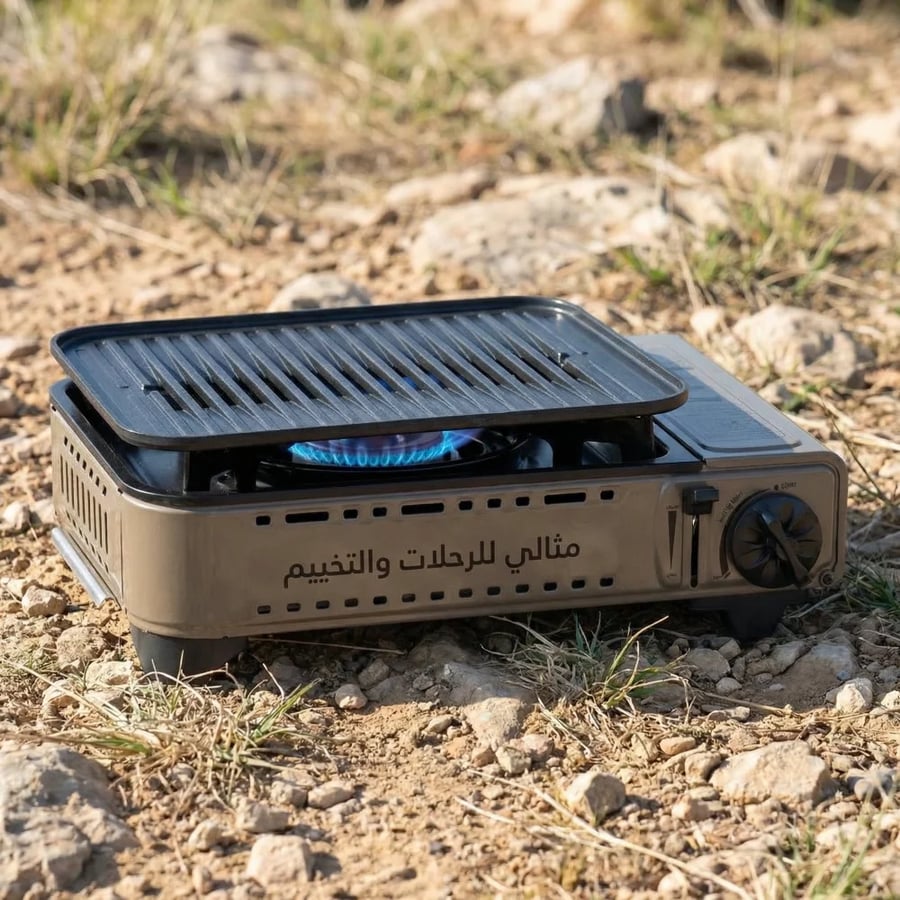 شواية وموقد غاز بيج من السنيدي تعمل بالبيوتان يظهر موقد مشتعلا في