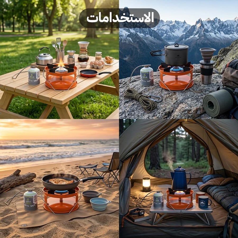 موقد غاز للرحلات بلهب قوي يظهر في مشاهد تخييم متنوعة سريع الطهي