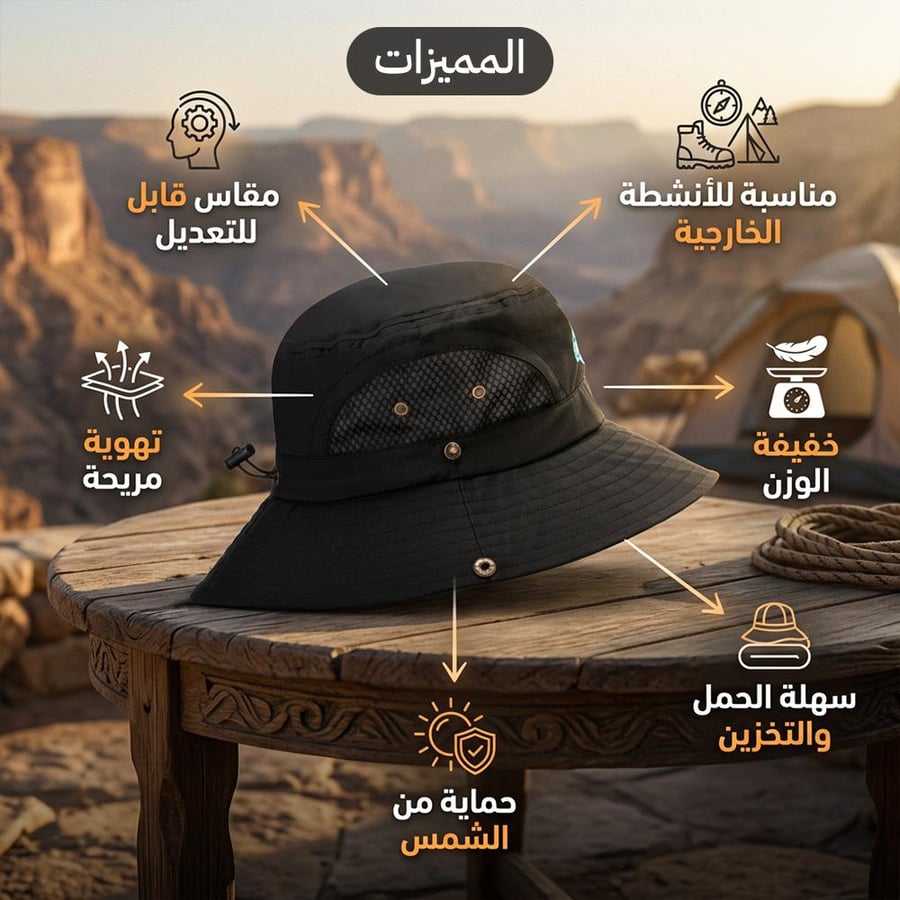 طاقية رأس للتخييم والهايكنج بحافة واسعة وفتحات تهوية مثالية للأنشطة