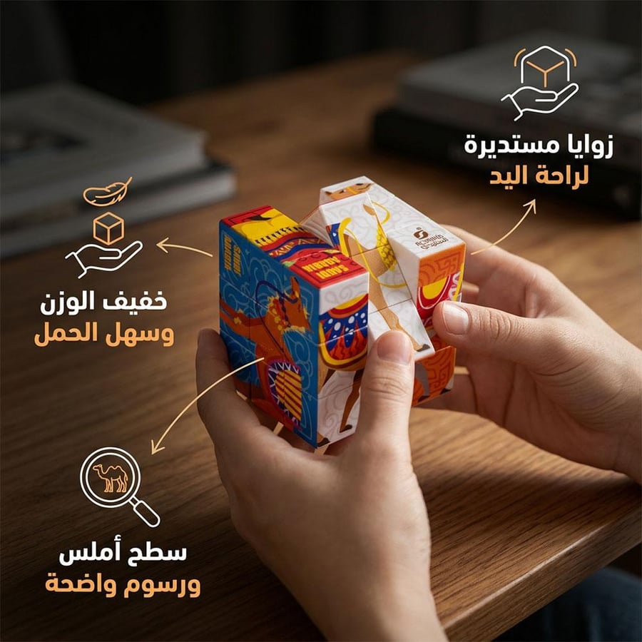مكعب روبيك بزوايا مريحة تظهر نقوش تراثية ملونة وسطح أملس مثالي لتمرين