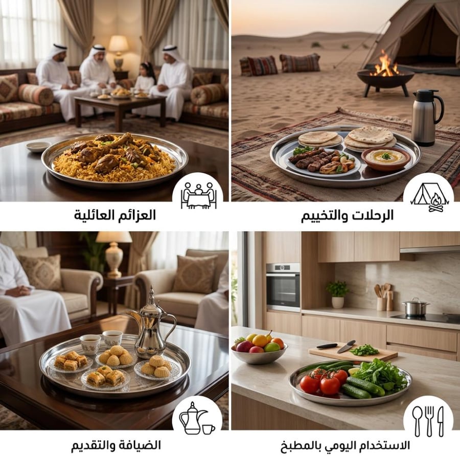 صحن ستانلس ستيل كبير ي ستخدم في العزائم والرحلات يظهر مع أطباق متنوعة