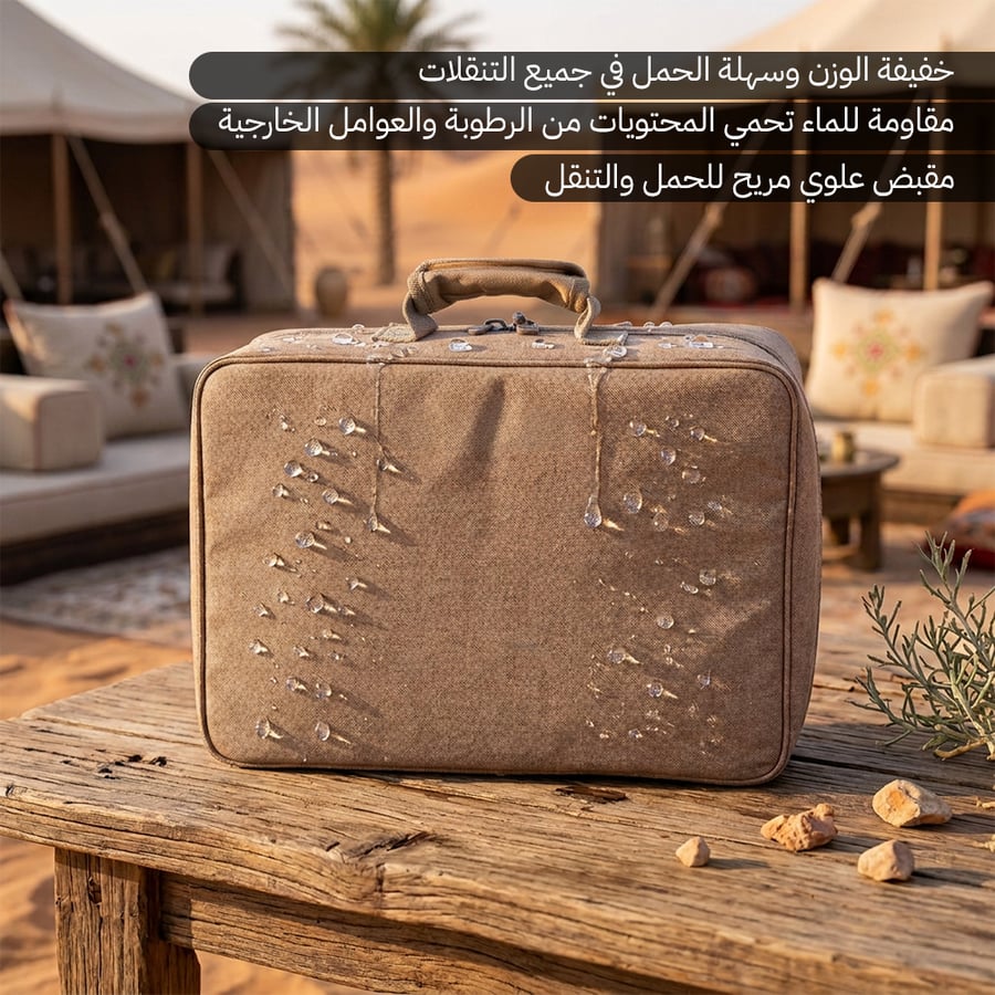 شنطة باللون الخشبي مع سحاب متين ومقبض مريح في بيئة صحراوية ت ظهر