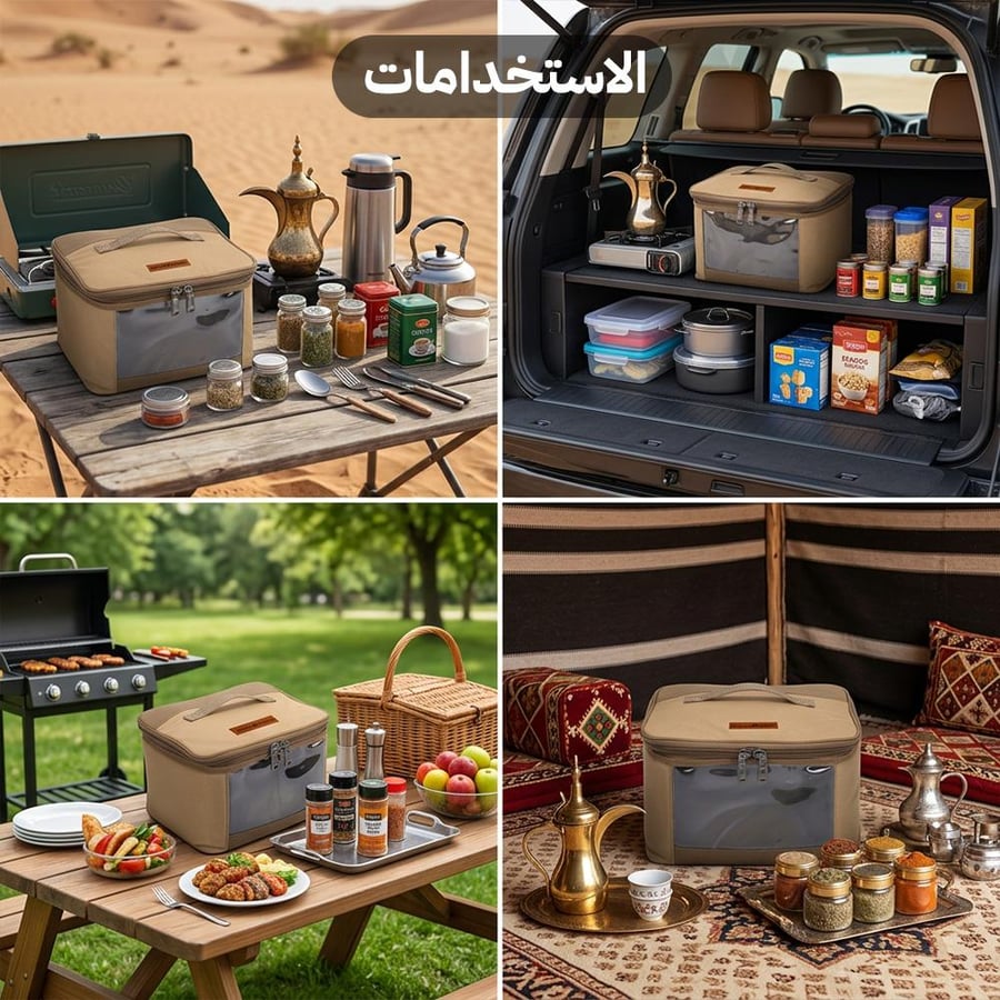 طقم علب بهارات السنيدي للرحلات يظهر في مشهد تخزين منظم داخل السيارة