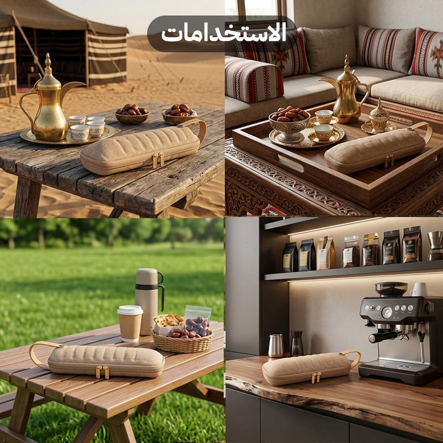 حقيبة محمولة مع طقم فناجيل قهوة بالنقش النجدي وسط استخدامات متنوعة