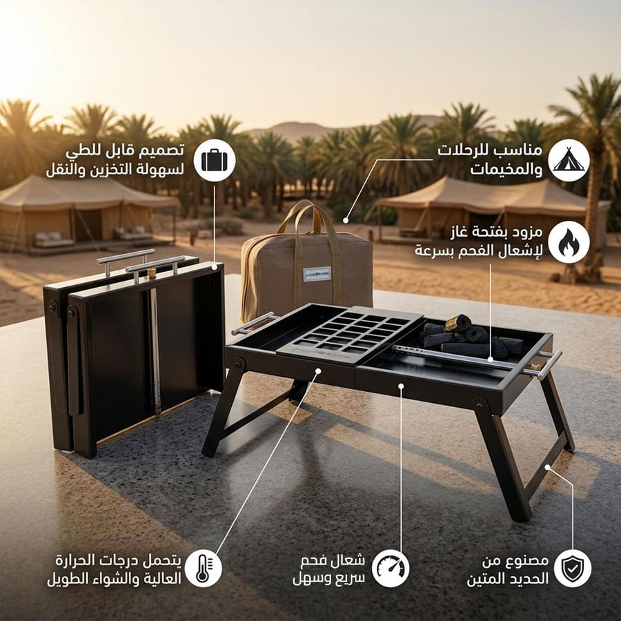 منقل فحم حديدي سنيدي بتصميم مصفط وفتحة غاز لإشعال سريع مثالي للرحلات