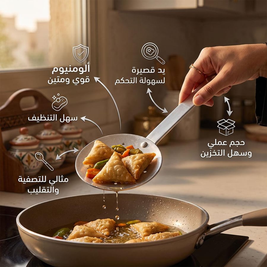 ملعقة طبخ الألمنيوم تصفي المعجنات وتحكم مثالي بمقبض مريح وخفة الحجم