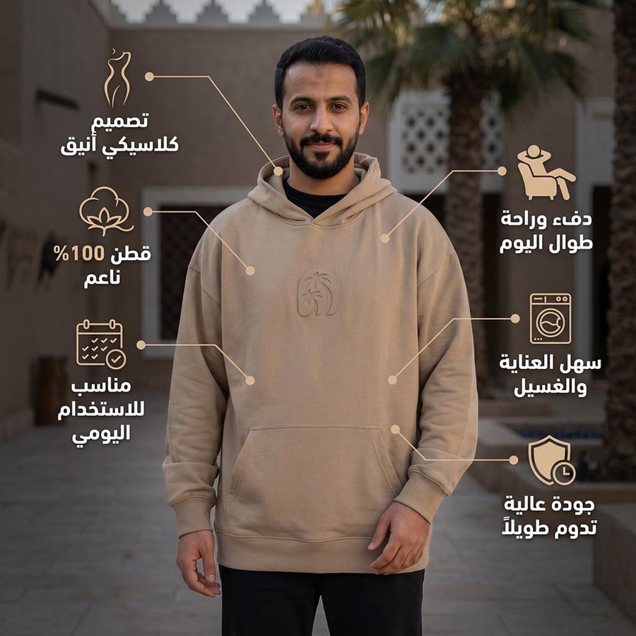 سويت شيرت بيج من السنيدي يظهر الرجل مرتدي ا إياه يبرز تفاصيل الياقات