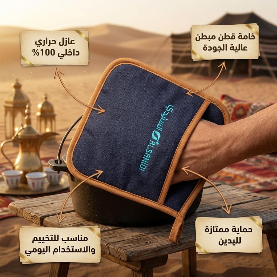 بيز مبطن باللون الكحلي مع يد تمسك قدر ا ي ظهر جودة الحماية والعزل
