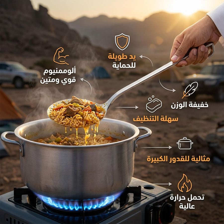 ملعقة ألمنيوم طويلة تقلب الرز في قدر على نار المخيم بحماية من الحرارة