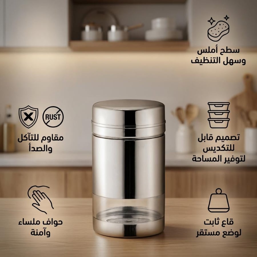 علبة بهارات من ستيل بغطاء محكم وتصميم موفر للمساحة مع رموز توضح
