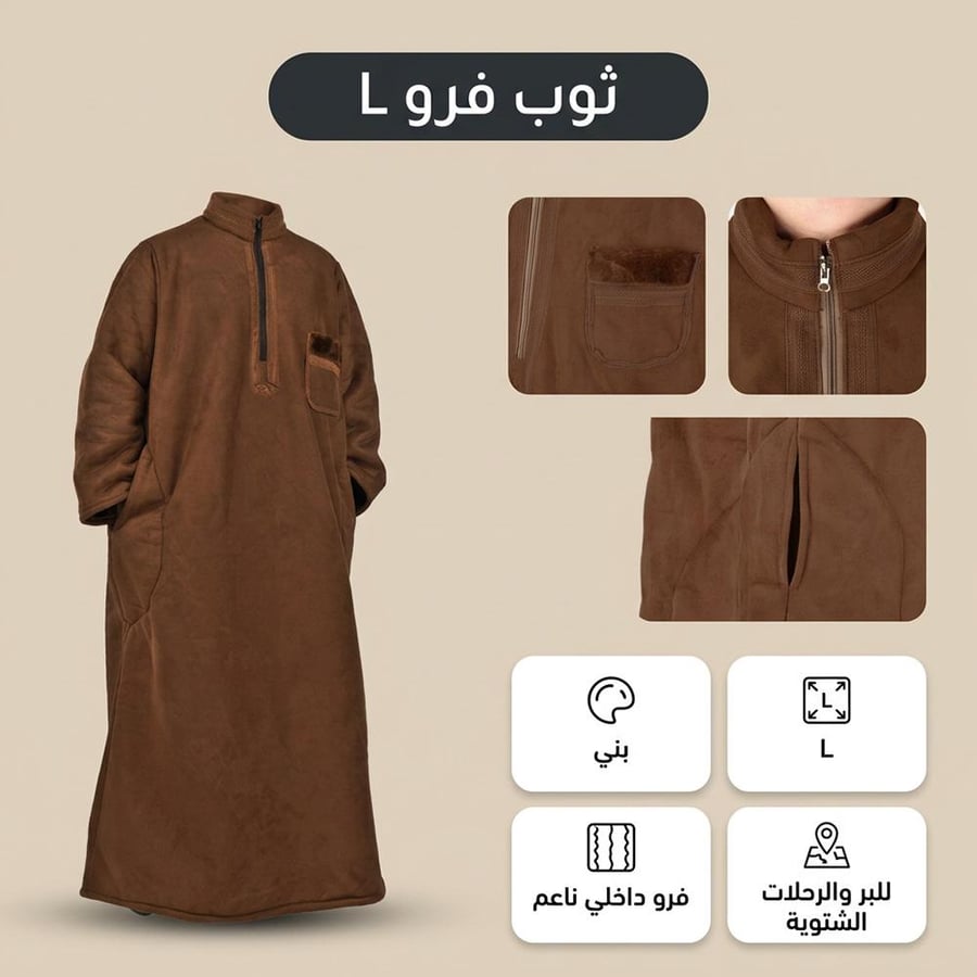 ثوب فرو بني مع سحاب ومخابئ جانبية لمقاومة البرد تصميم مريح ببطانة