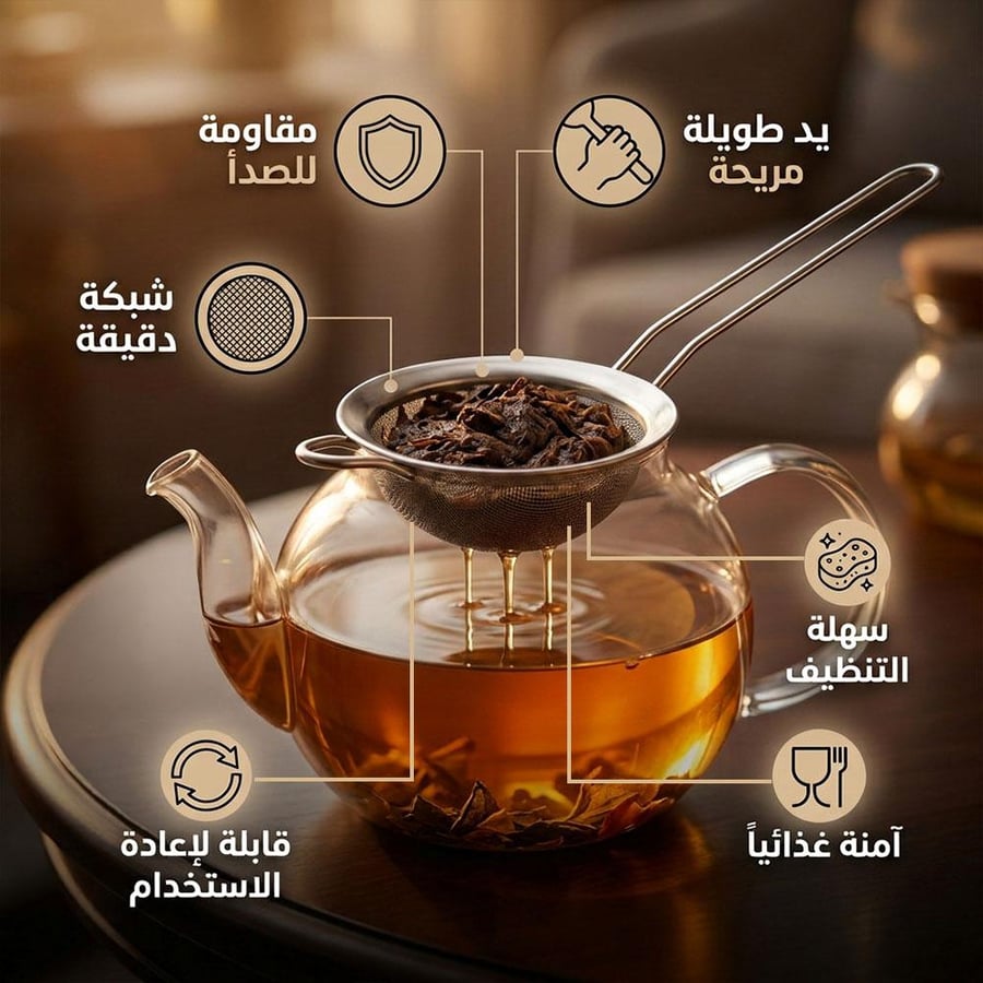 مصفاة شاي فضية من الستينلس ستيل 304 عريضة الحافة توضع على إبريق زجاجي