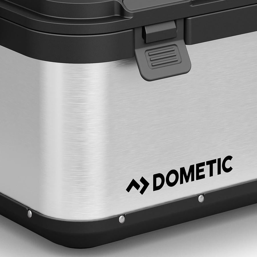 صندوق DOMETIC ألمنيوم فضي 50 لتر زوايا دائرية وواجهة جانبية ت ظهر
