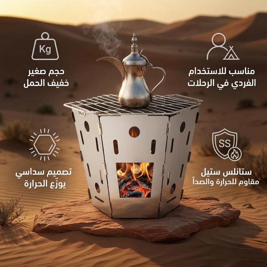 موقد فحم متنقل سداسي من الستانلس ستيل مقاس 10 × 15 سم باللون الفضي