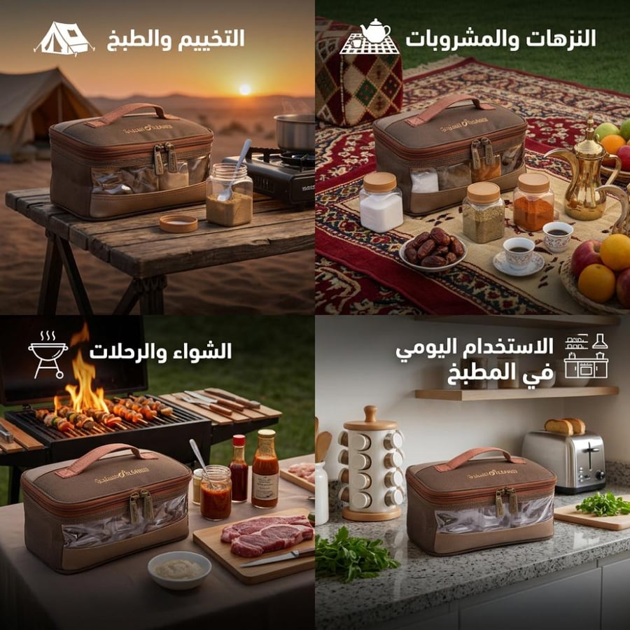 علب بهارات في حقيبة قماش كوفي بجانب طاولة خشبية مخصصة للرحلات والشوي