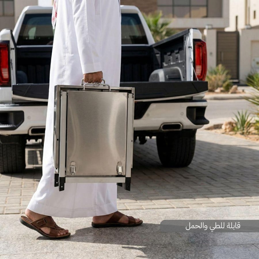 شخص يحمل شواية فحم ستانلس ستيل قابلة للطي والمحمولة من السنيدي موضوعة