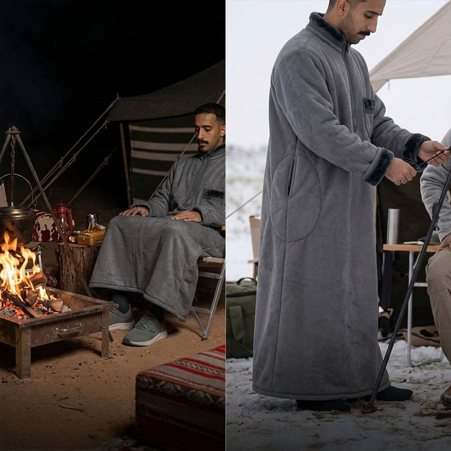 ثوب فرو ناعم مبطن للبر رصاصي مقاس XXL بياقة عالية وسحاب، للبرد الشديد