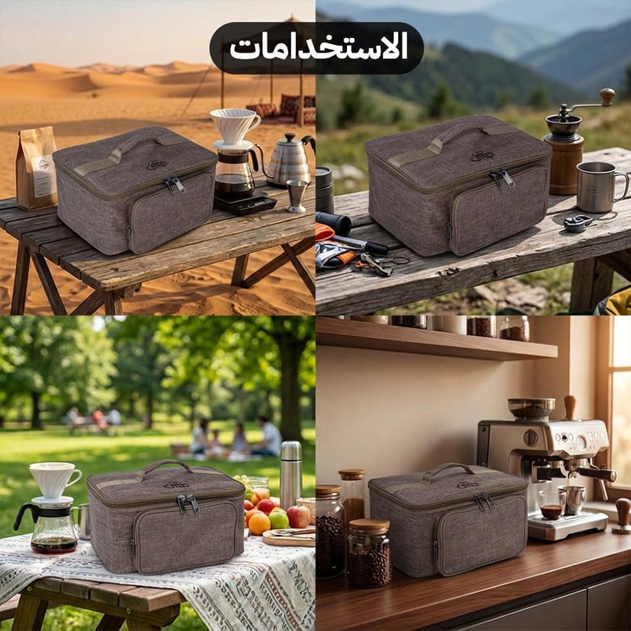 شنطة القهوة باللون العودي في أربعة مواقع مختلفة مثالية للرحلات