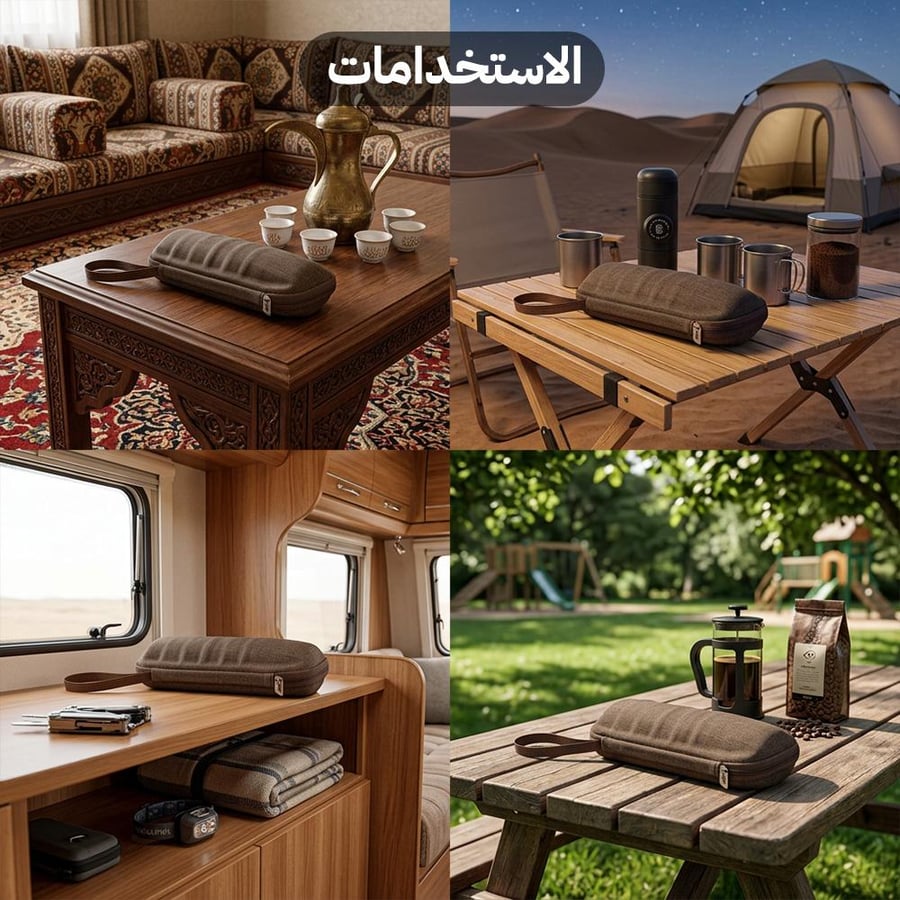 شنطة استكانات ضد الصدمات بلون عودي مصممة للكشتات والمجالس موضوعة على