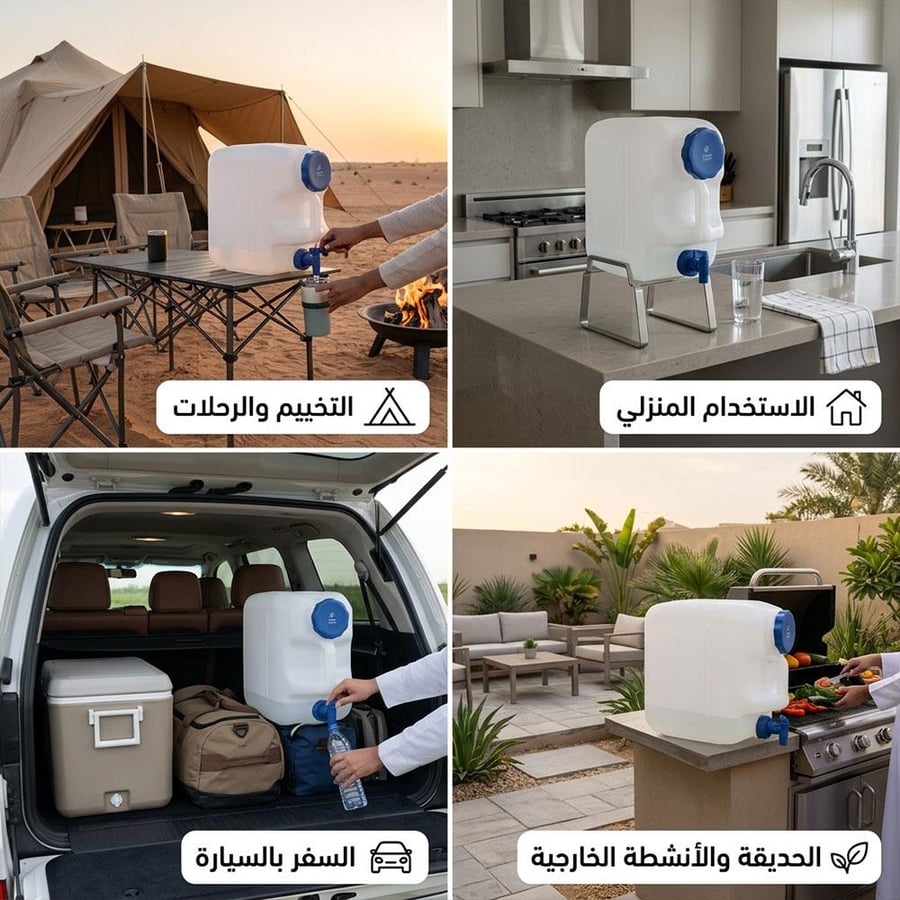 جالون الماء البلاستيكي بسعة 23 لتر ا يظهر في أربعة مواقع للاستخدام