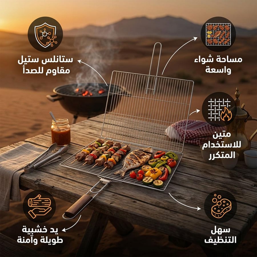 شبك شوي ستانلس ستيل بعين واحدة مع يد خشب طويلة للطهي في البر بتصميم