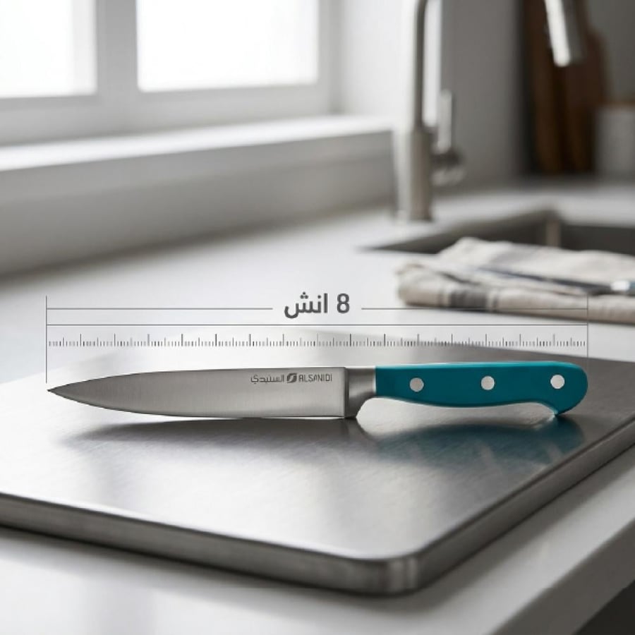 سكين جزار ستانلس ستيل 8 بوصة بيد زرقاء على سطح مطبخ مثالية لتقطيع