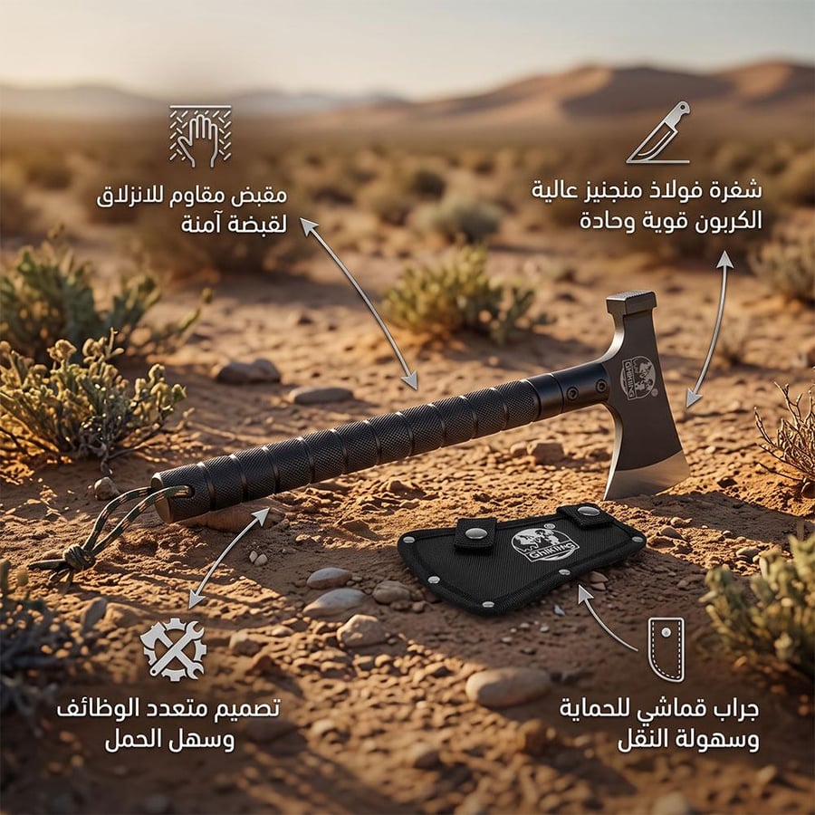 فأس فولاذ منجنيز أسود متعدد الوظائف مع جراب قماش يظهر في بيئة برية مع