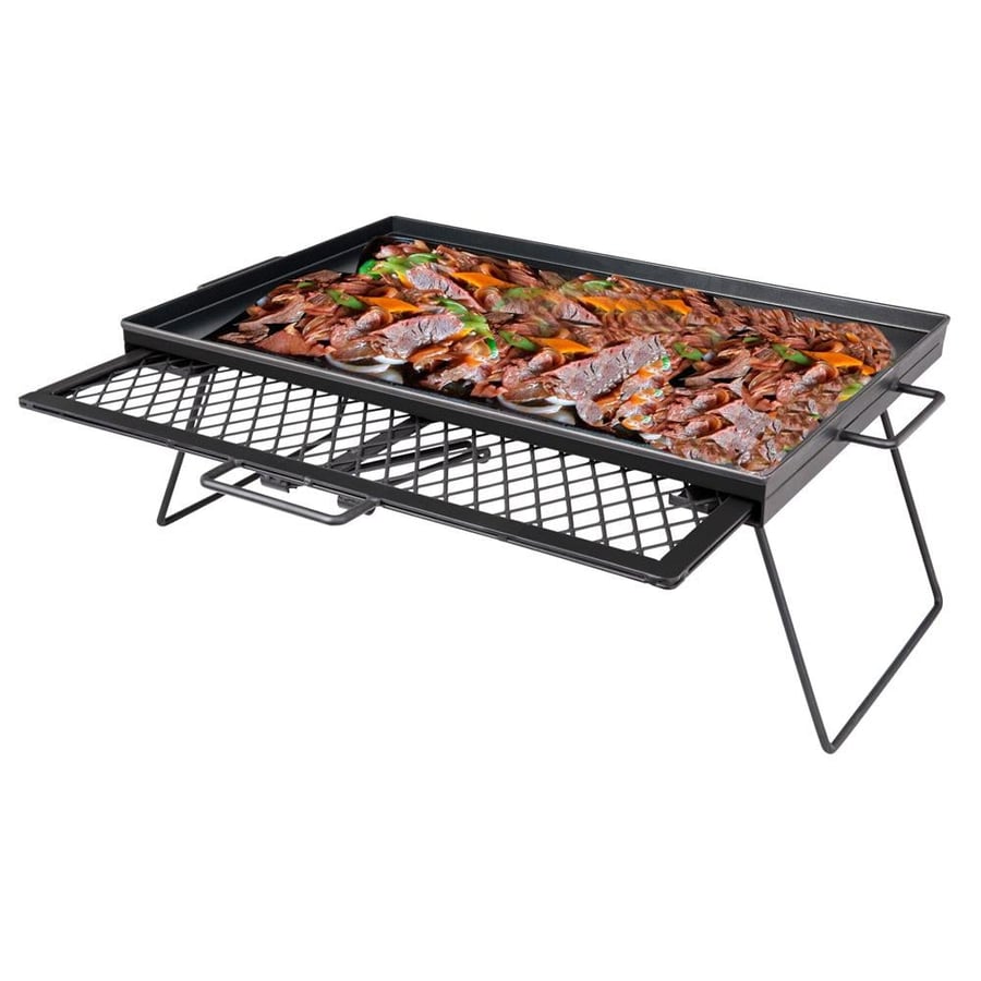 صاج شوي حديد مطلي مع درج واسع يحتوي لحوم وخضار مشوية يتميز بتصميم