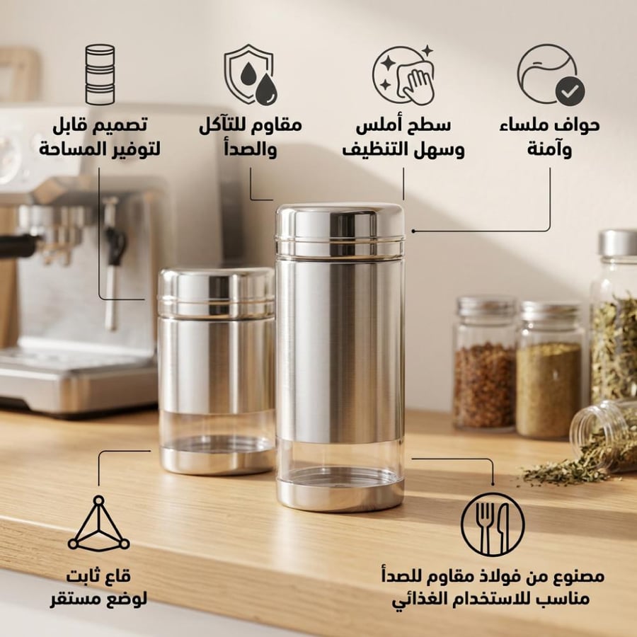 علبة بهارات من الستانلس ستيل بجانب شفاف وحجم كبير مع أغطية محكمة على