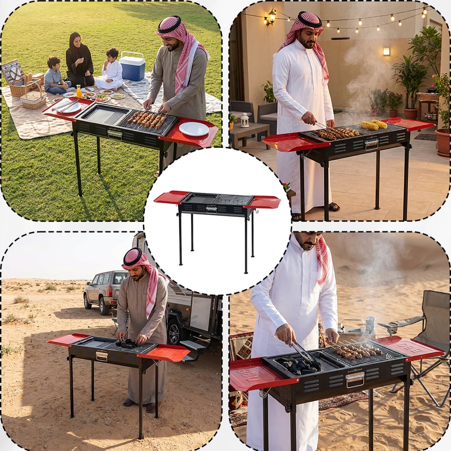 شواية الفحم المتنقلة للاستخدام في الرحلات والعزائم تظهر بتصميم قابل