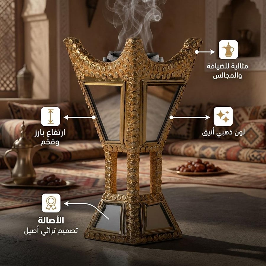 مبخرة تراثية حائلية من الخشب والستيل والزجاج ارتفاع 21 سم ذهبي