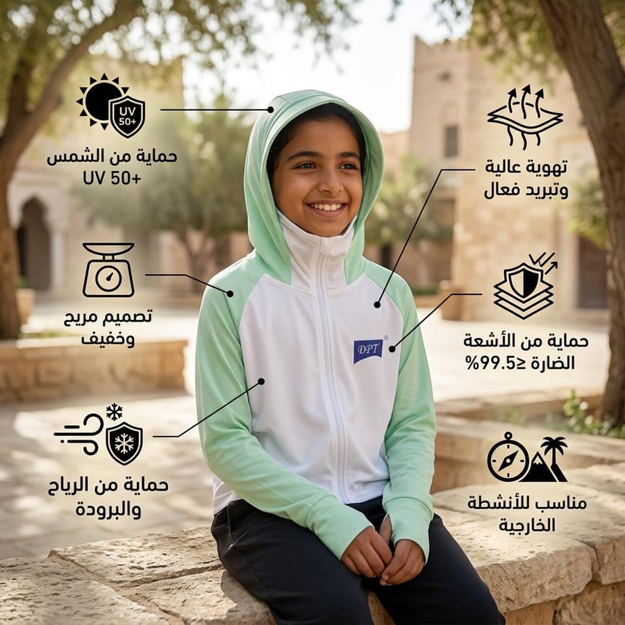 ملابس حماية للأطفال مع غطاء رأس مهو ى وخفيف توفر حماية UPF 50 ضد