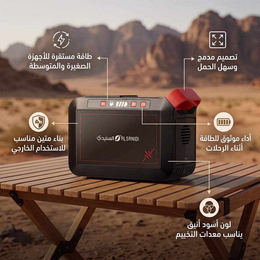 محطة طاقة كهربائية سنيدي مدمجة بتصميم أسود أنيق لمعدات التخييم بمنظر